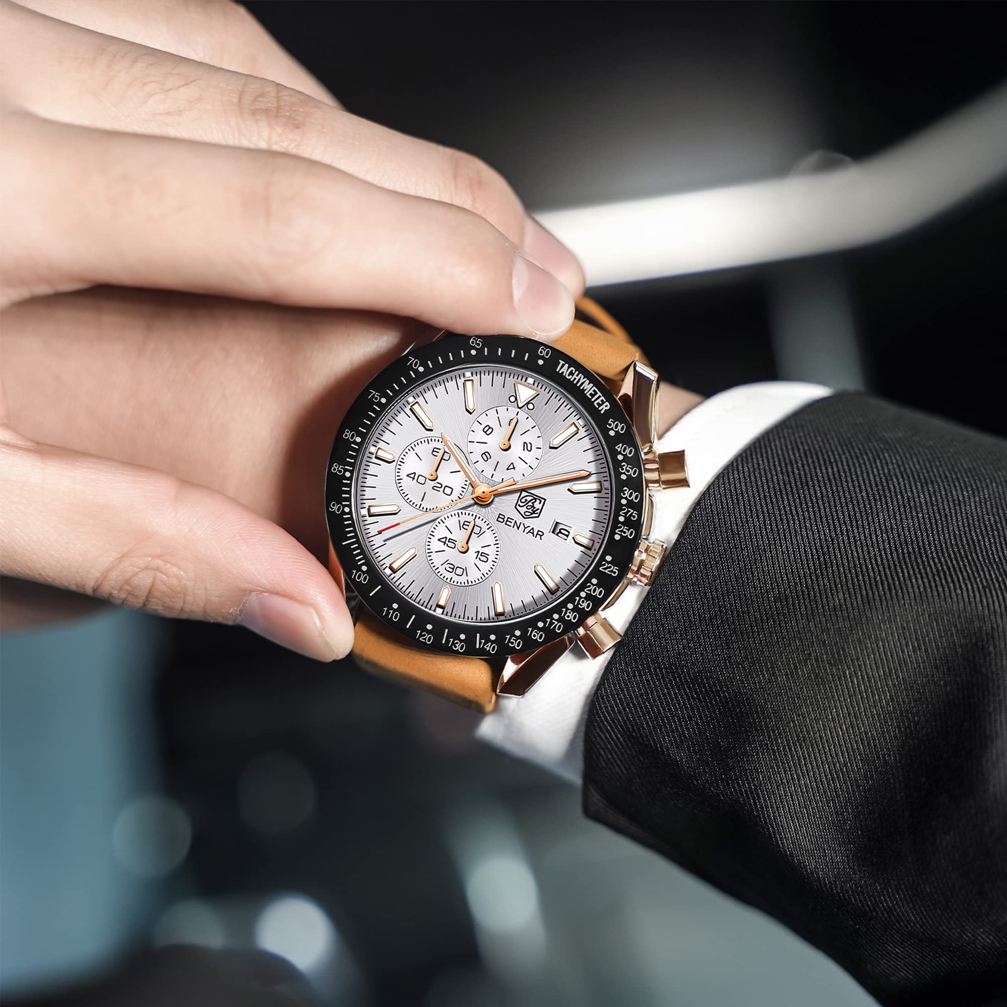 BENYAR Mens Watches Quartz Movement Chronograph Leather Strap Fashion Business Sport Design 30M Waterproof Scratch Resistant Elegant Gifts for Men