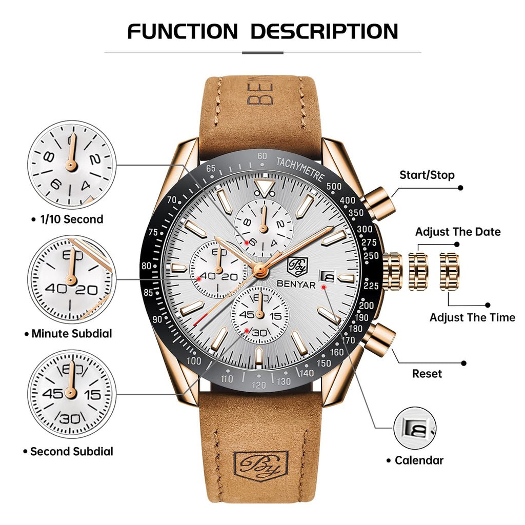 BENYAR Mens Watches Quartz Movement Chronograph Leather Strap Fashion Business Sport Design 30M Waterproof Scratch Resistant Elegant Gifts for Men
