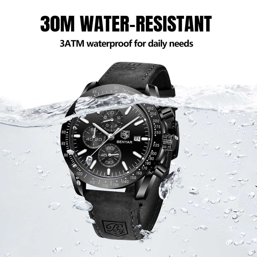 BENYAR Mens Watches Quartz Movement Chronograph Leather Strap Fashion Business Sport Design 30M Waterproof Scratch Resistant Elegant Gifts for Men