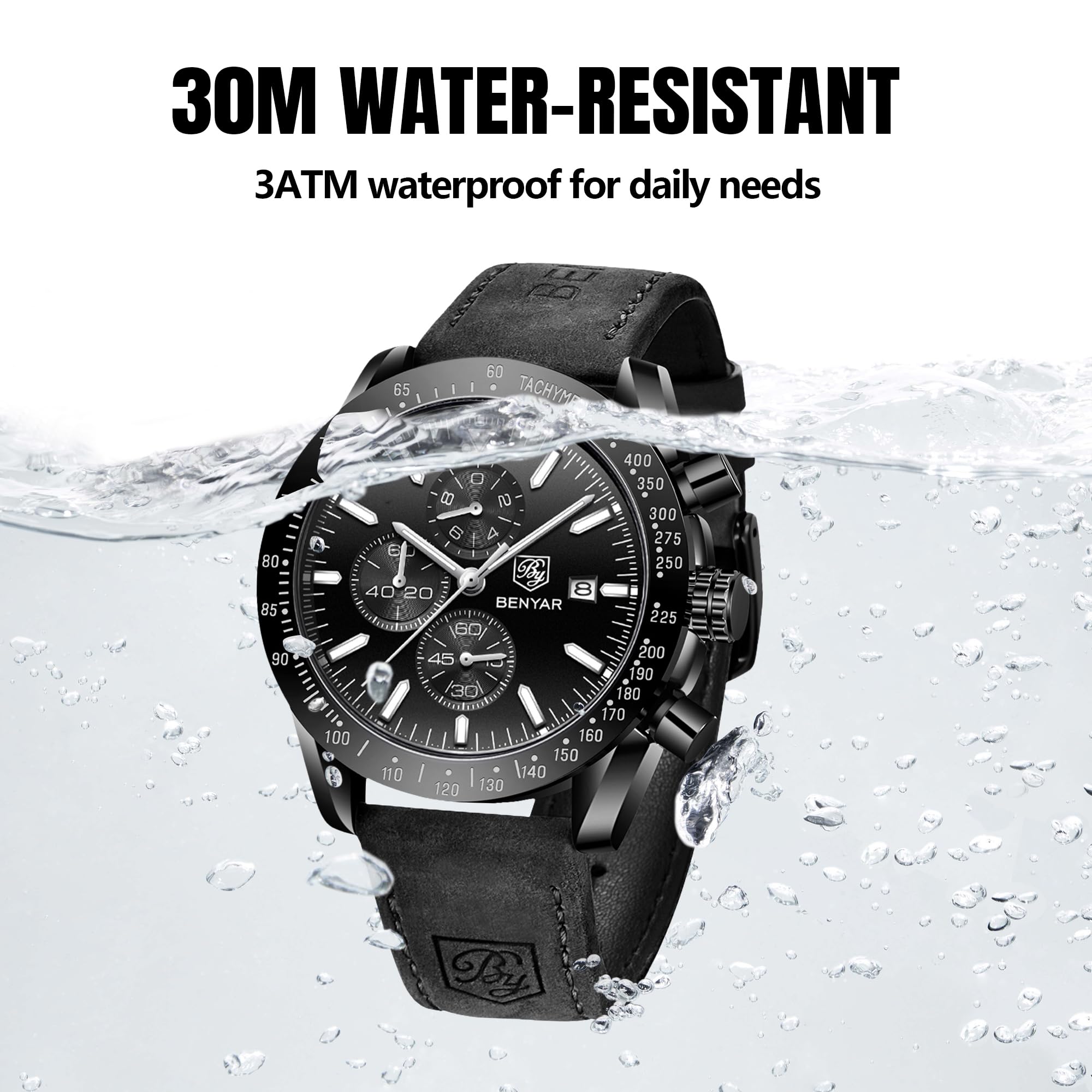 BENYAR Mens Watches Quartz Movement Chronograph Leather Strap Fashion Business Sport Design 30M Waterproof Scratch Resistant Elegant Gifts for Men