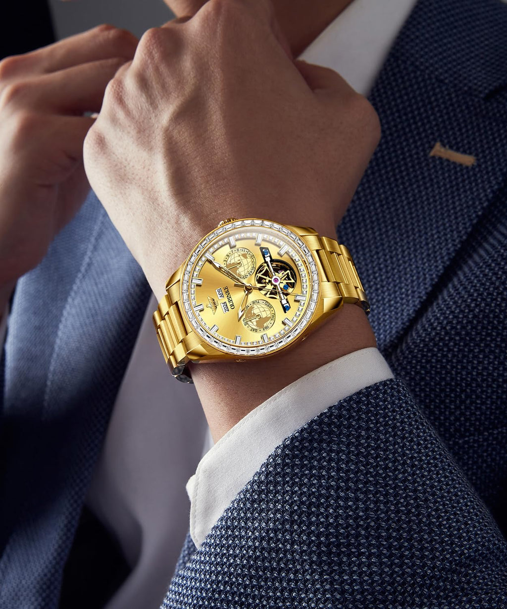 OUPINKE Mens Automatic Watches Gold Diamond Luxury Dress Self Winding Mechanical Sapphire Crystal Luminous Waterproof Mens Wrist Watch
