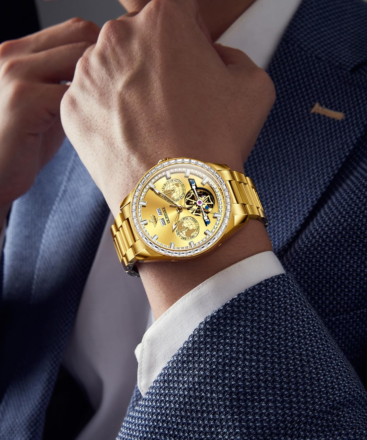 OUPINKE Mens Automatic Watches Gold Diamond Luxury Dress Self Winding Mechanical Sapphire Crystal Luminous Waterproof Mens Wrist Watch