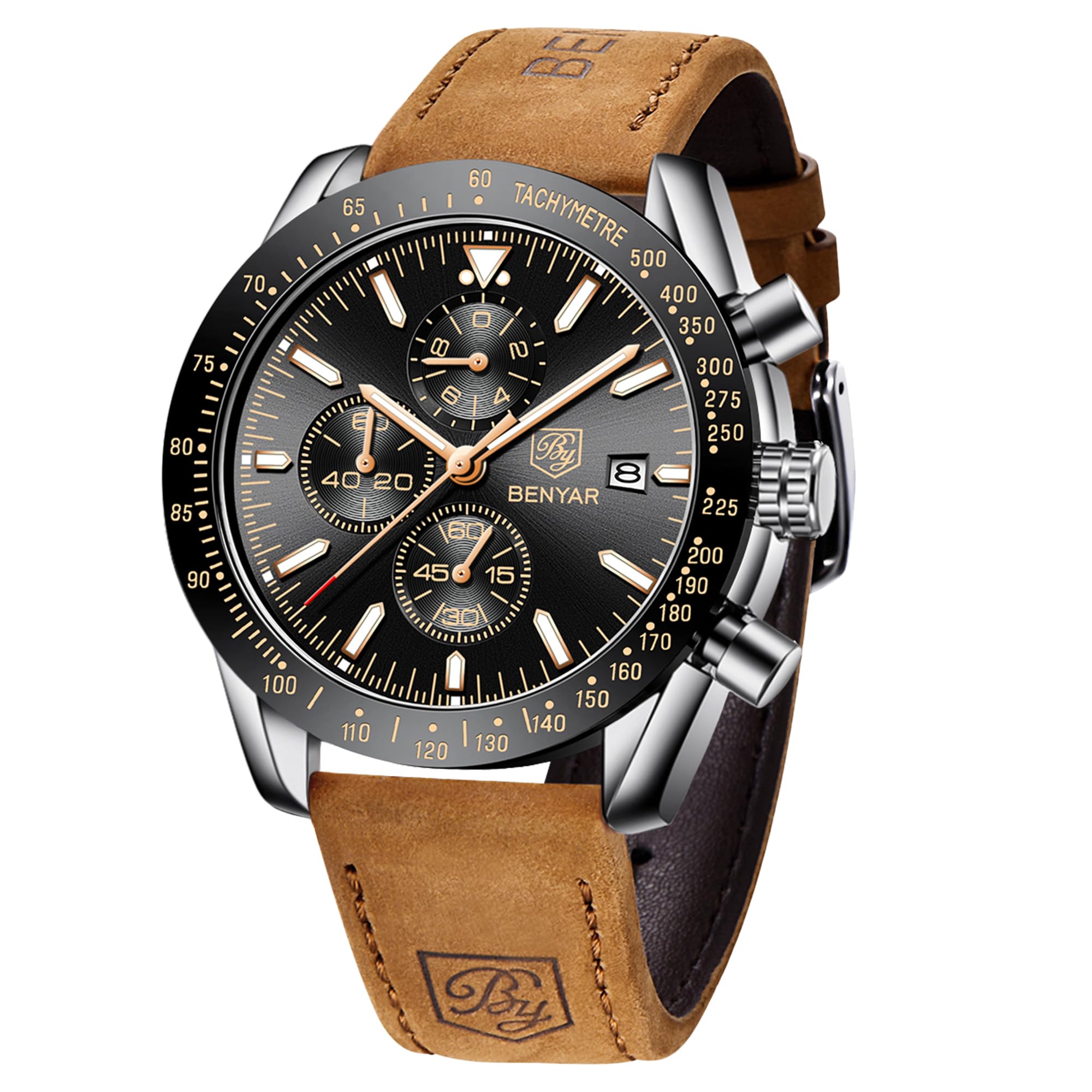 BENYAR Mens Watches Quartz Movement Chronograph Leather Strap Fashion Business Sport Design 30M Waterproof Scratch Resistant Elegant Gifts for Men