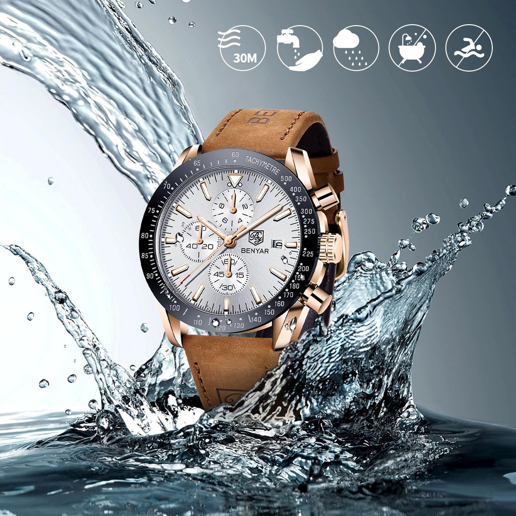 BENYAR Mens Watches Quartz Movement Chronograph Leather Strap Fashion Business Sport Design 30M Waterproof Scratch Resistant Elegant Gifts for Men