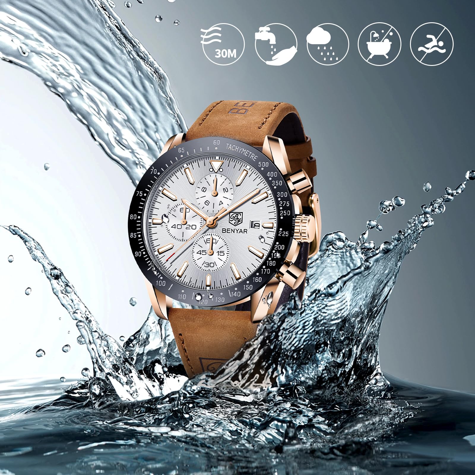BENYAR Mens Watches Quartz Movement Chronograph Leather Strap Fashion Business Sport Design 30M Waterproof Scratch Resistant Elegant Gifts for Men