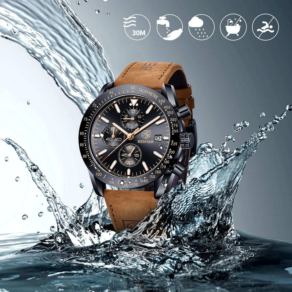 BENYAR Mens Watches Quartz Movement Chronograph Leather Strap Fashion Business Sport Design 30M Waterproof Scratch Resistant Elegant Gifts for Men