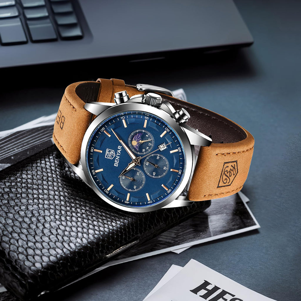 BY BENYAR Mens Watches Analog Quartz Chronograph Waterproof Wrist Watches for Men Fashion Business Work Casual Sport Designer Dress Watch with Calendar Elegant Gifts for Men