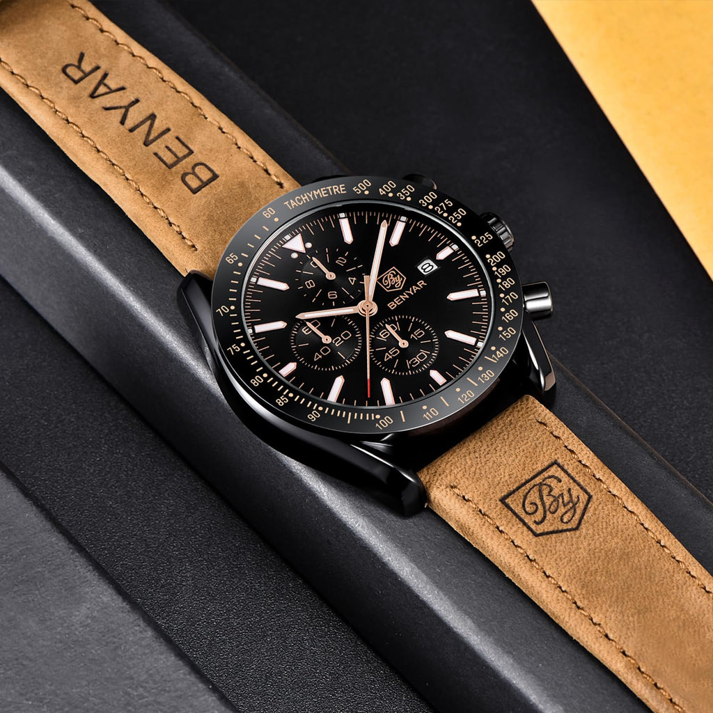 BENYAR Mens Watches Quartz Movement Chronograph Leather Strap Fashion Business Sport Design 30M Waterproof Scratch Resistant Elegant Gifts for Men