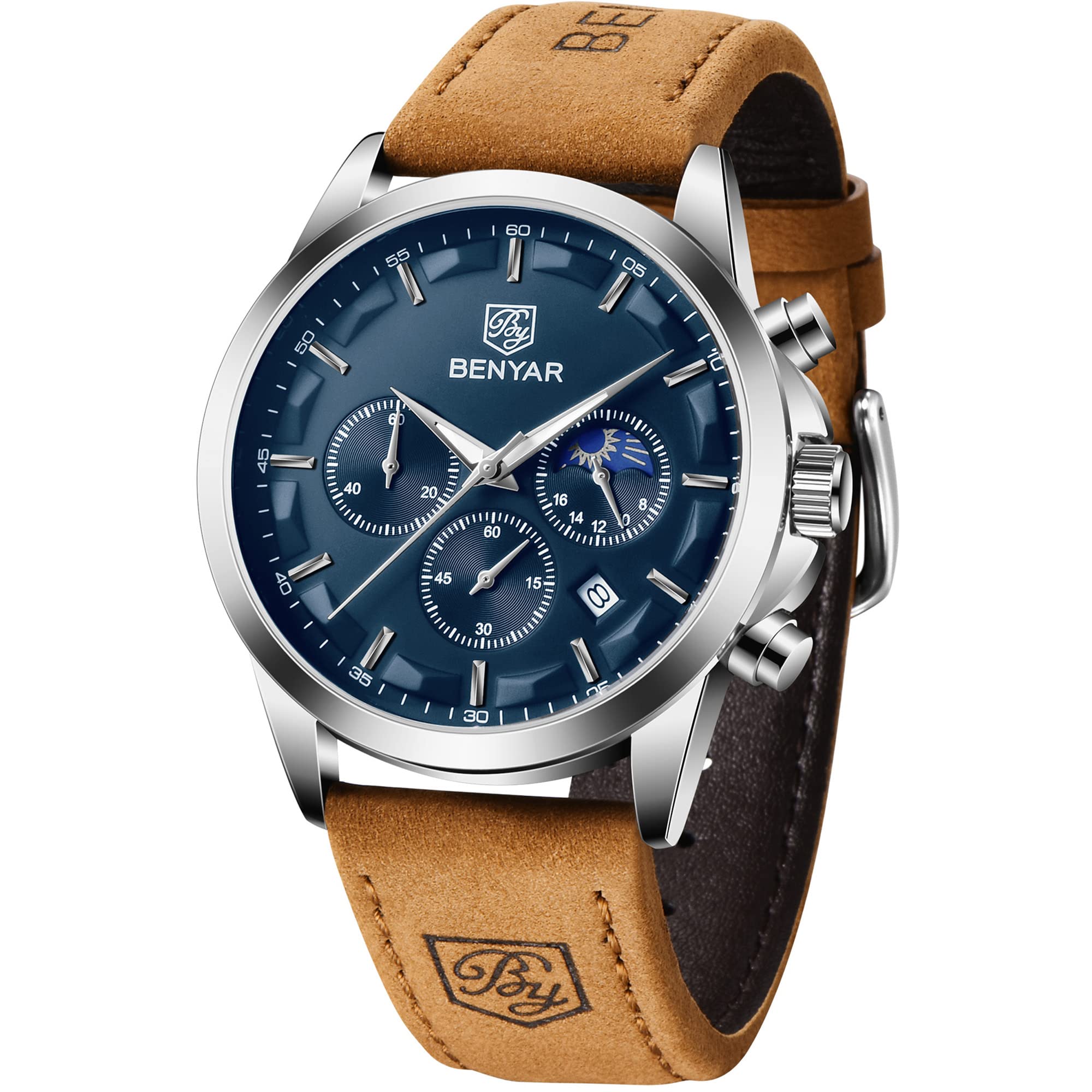 BY BENYAR Mens Watches Analog Quartz Chronograph Waterproof Wrist Watches for Men Fashion Business Work Casual Sport Designer Dress Watch with Calendar Elegant Gifts for Men