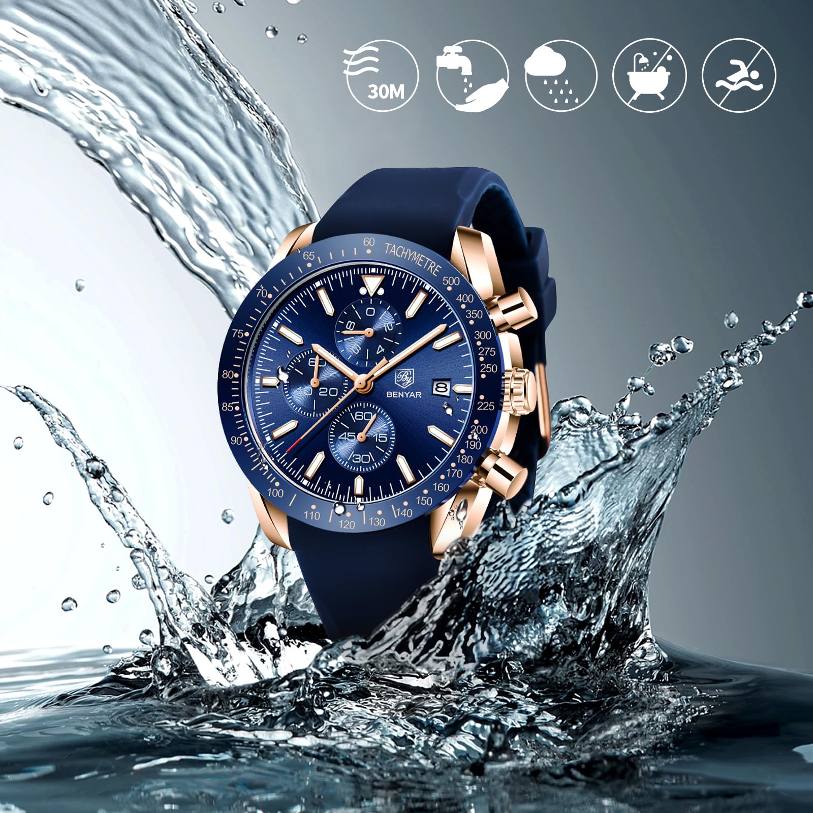 BENYAR Mens Watches Quartz Movement Chronograph Leather Strap Fashion Business Sport Design 30M Waterproof Scratch Resistant Elegant Gifts for Men