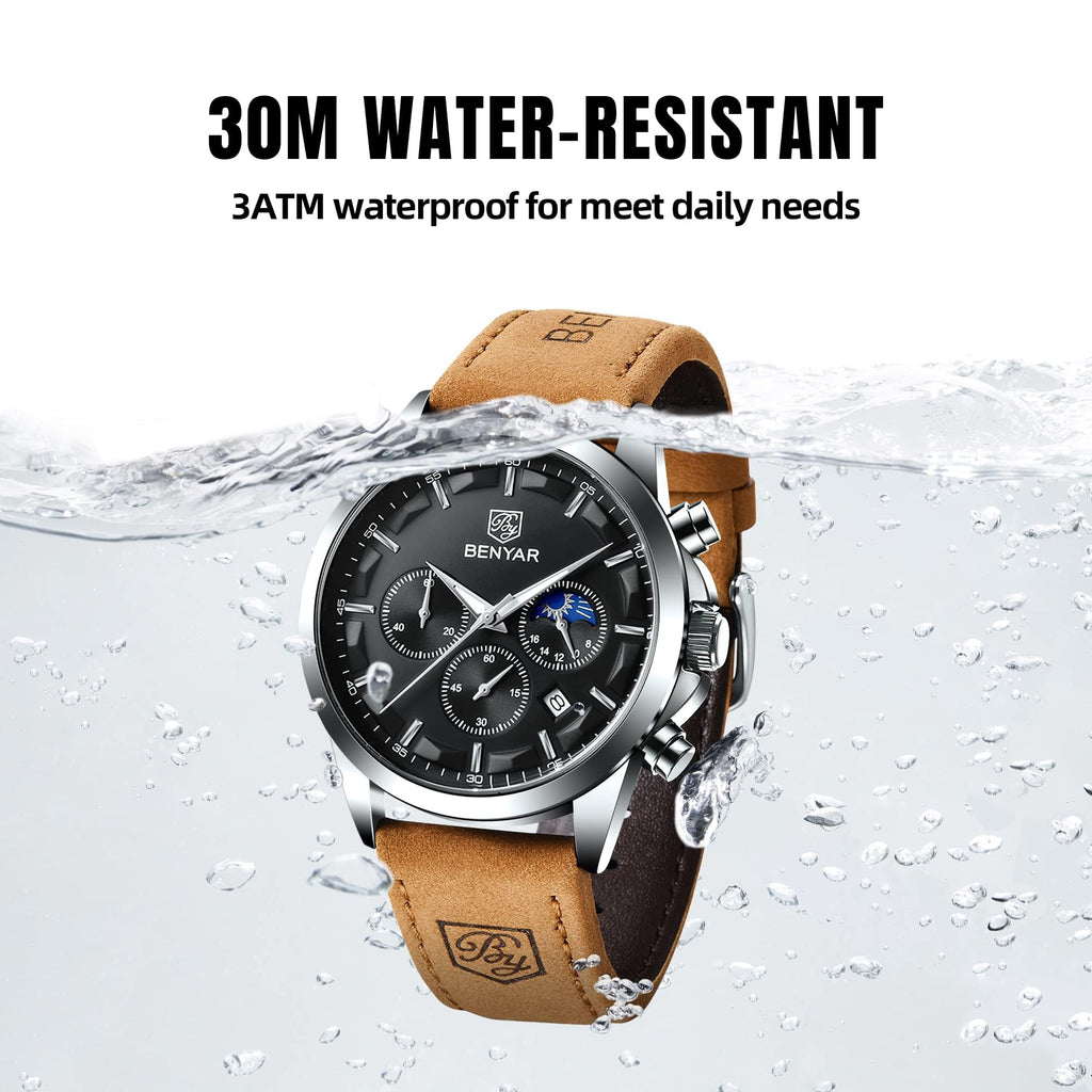 BY BENYAR Mens Watches Analog Quartz Chronograph Waterproof Wrist Watches for Men Fashion Business Work Casual Sport Designer Dress Watch with Calendar Elegant Gifts for Men