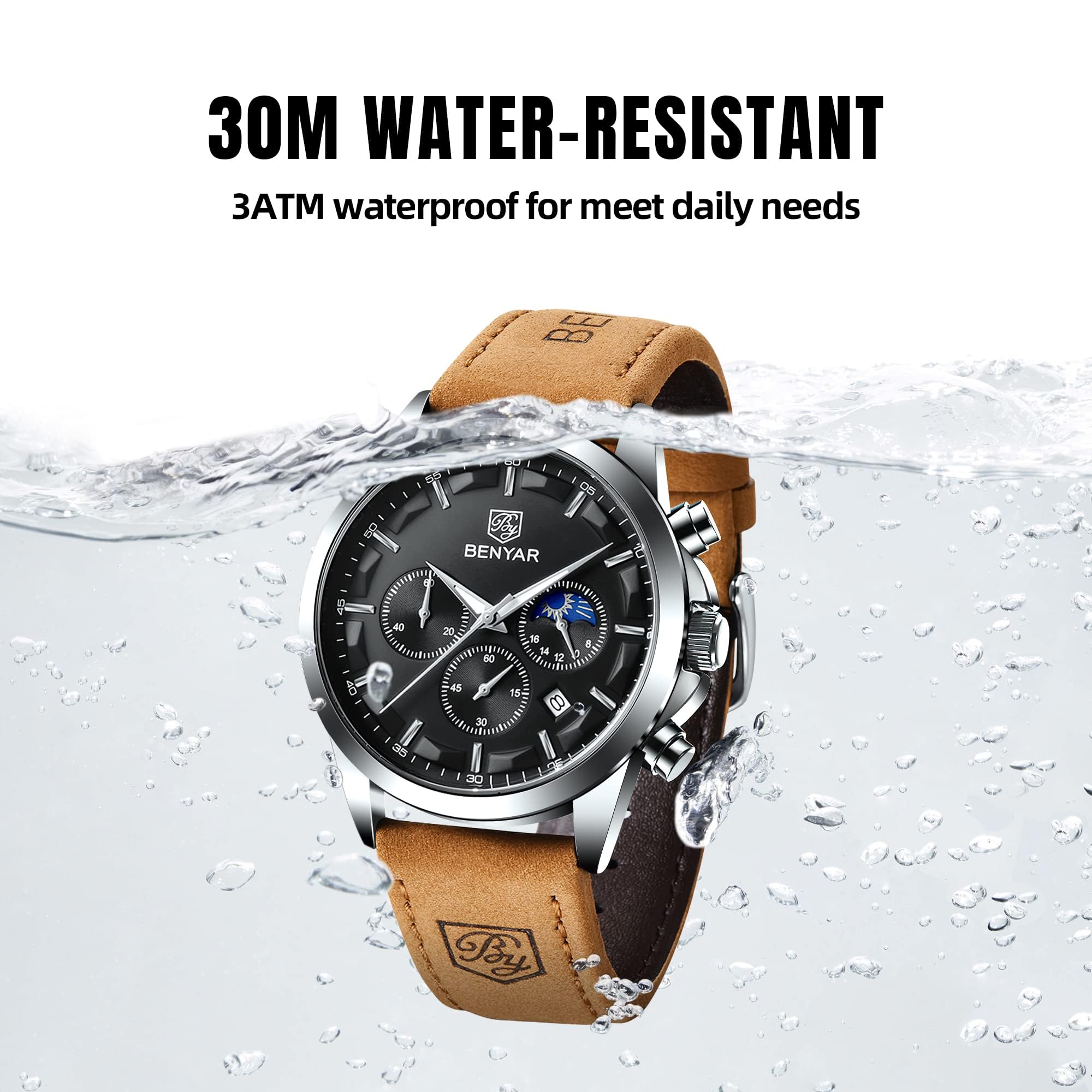 BY BENYAR Mens Watches Analog Quartz Chronograph Waterproof Wrist Watches for Men Fashion Business Work Casual Sport Designer Dress Watch with Calendar Elegant Gifts for Men