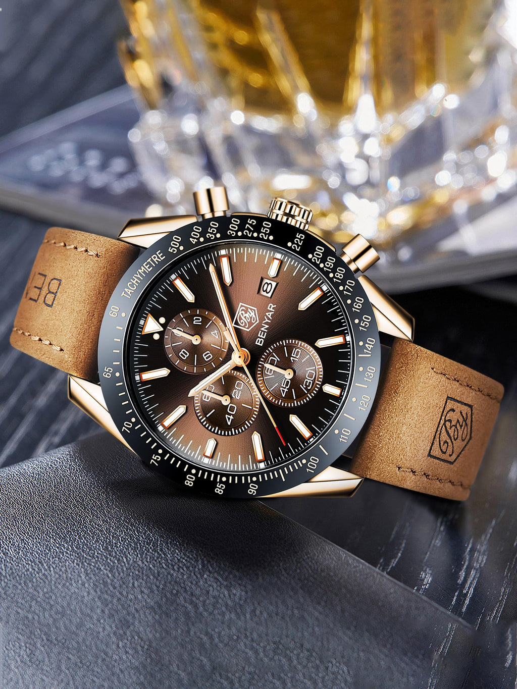 BENYAR Mens Watches Quartz Movement Chronograph Leather Strap Fashion Business Sport Design 30M Waterproof Scratch Resistant Elegant Gifts for Men