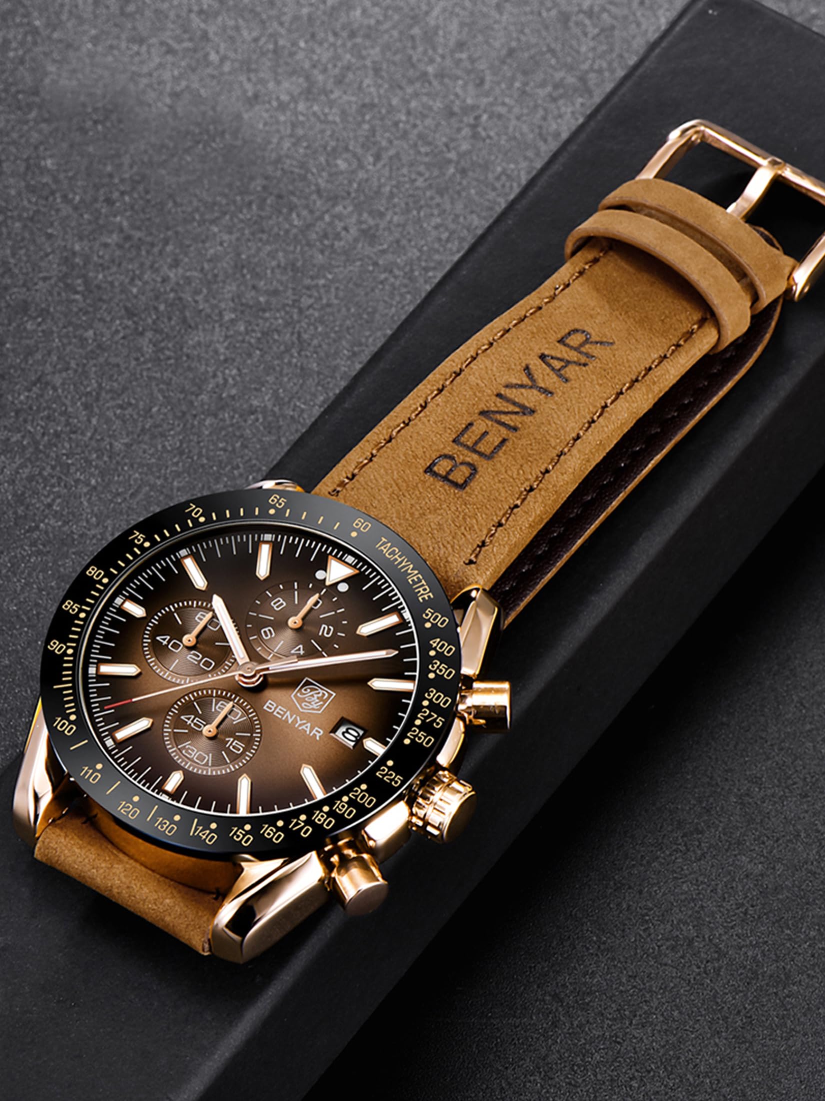 BENYAR Mens Watches Quartz Movement Chronograph Leather Strap Fashion Business Sport Design 30M Waterproof Scratch Resistant Elegant Gifts for Men