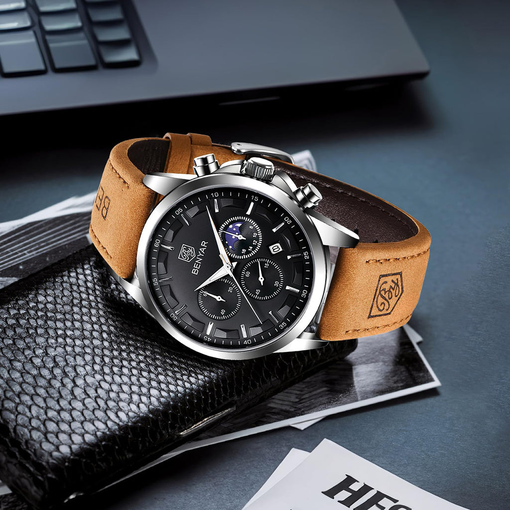 BY BENYAR Mens Watches Analog Quartz Chronograph Waterproof Wrist Watches for Men Fashion Business Work Casual Sport Designer Dress Watch with Calendar Elegant Gifts for Men