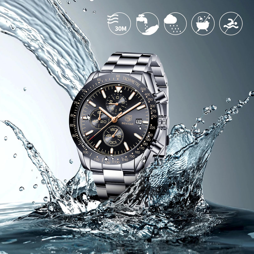BENYAR Mens Watches Quartz Movement Chronograph Leather Strap Fashion Business Sport Design 30M Waterproof Scratch Resistant Elegant Gifts for Men