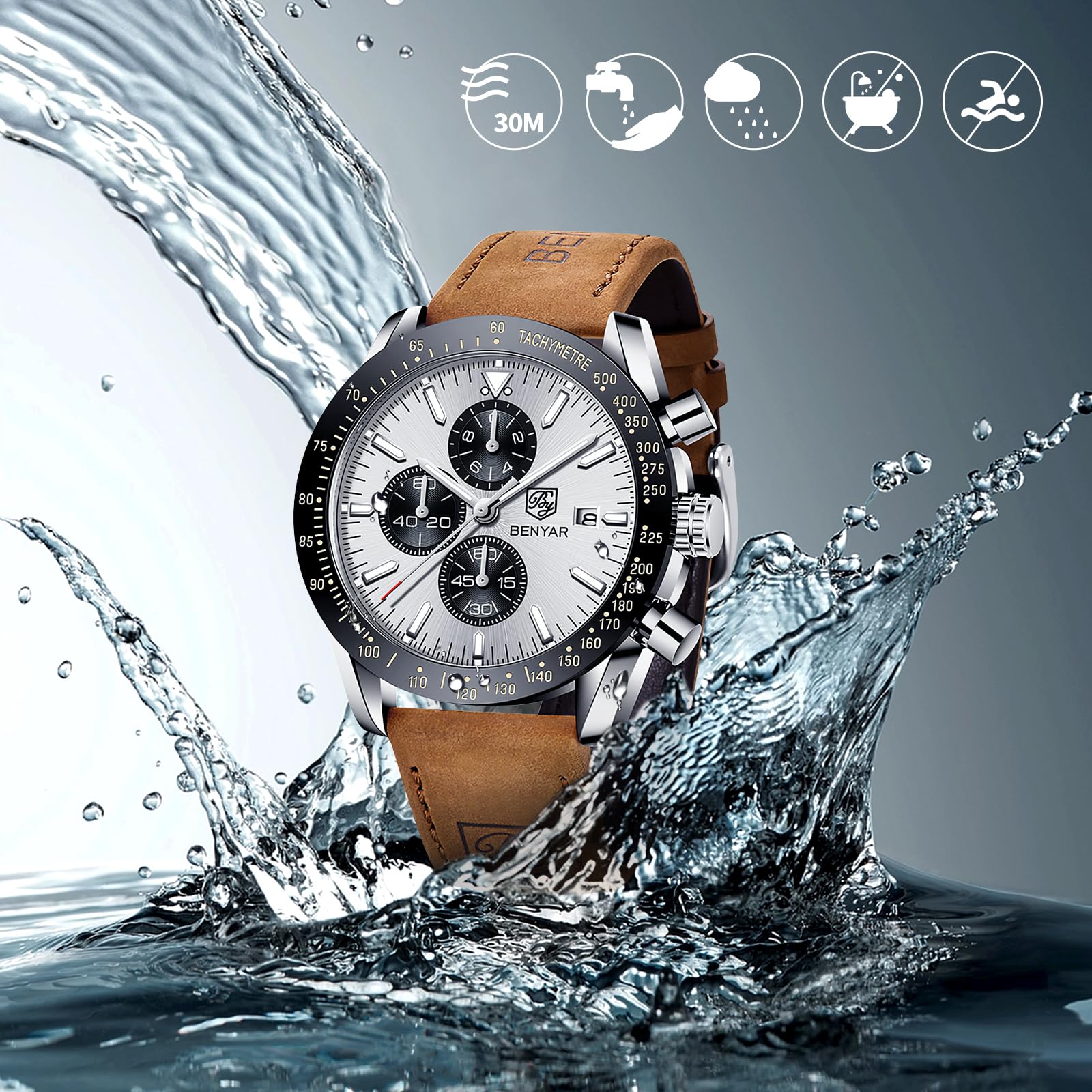 BENYAR Mens Watches Quartz Movement Chronograph Leather Strap Fashion Business Sport Design 30M Waterproof Scratch Resistant Elegant Gifts for Men
