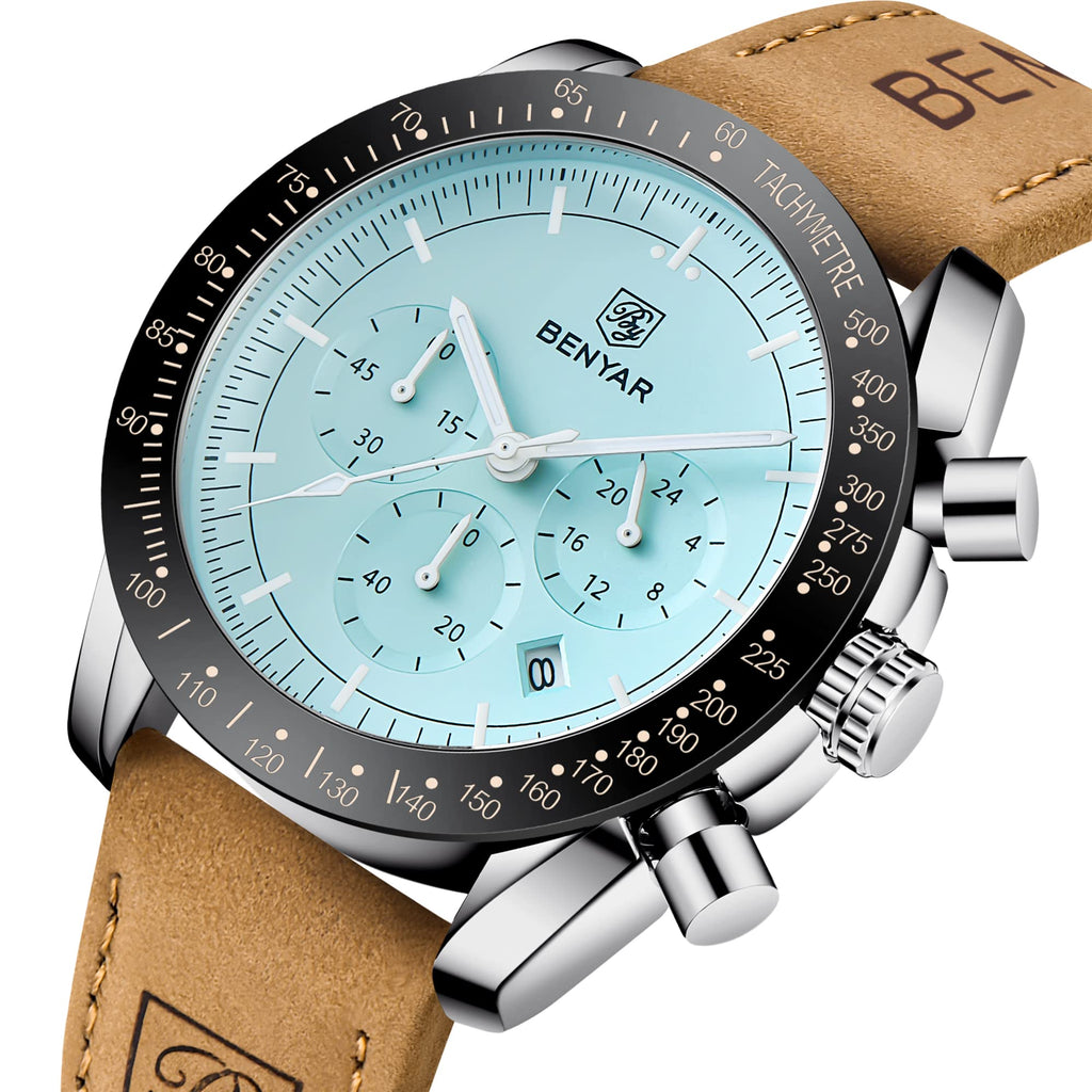 BENYAR Mens Watches Quartz Movement Chronograph Leather Strap Fashion Business Sport Design 30M Waterproof Scratch Resistant Elegant Gifts for Men
