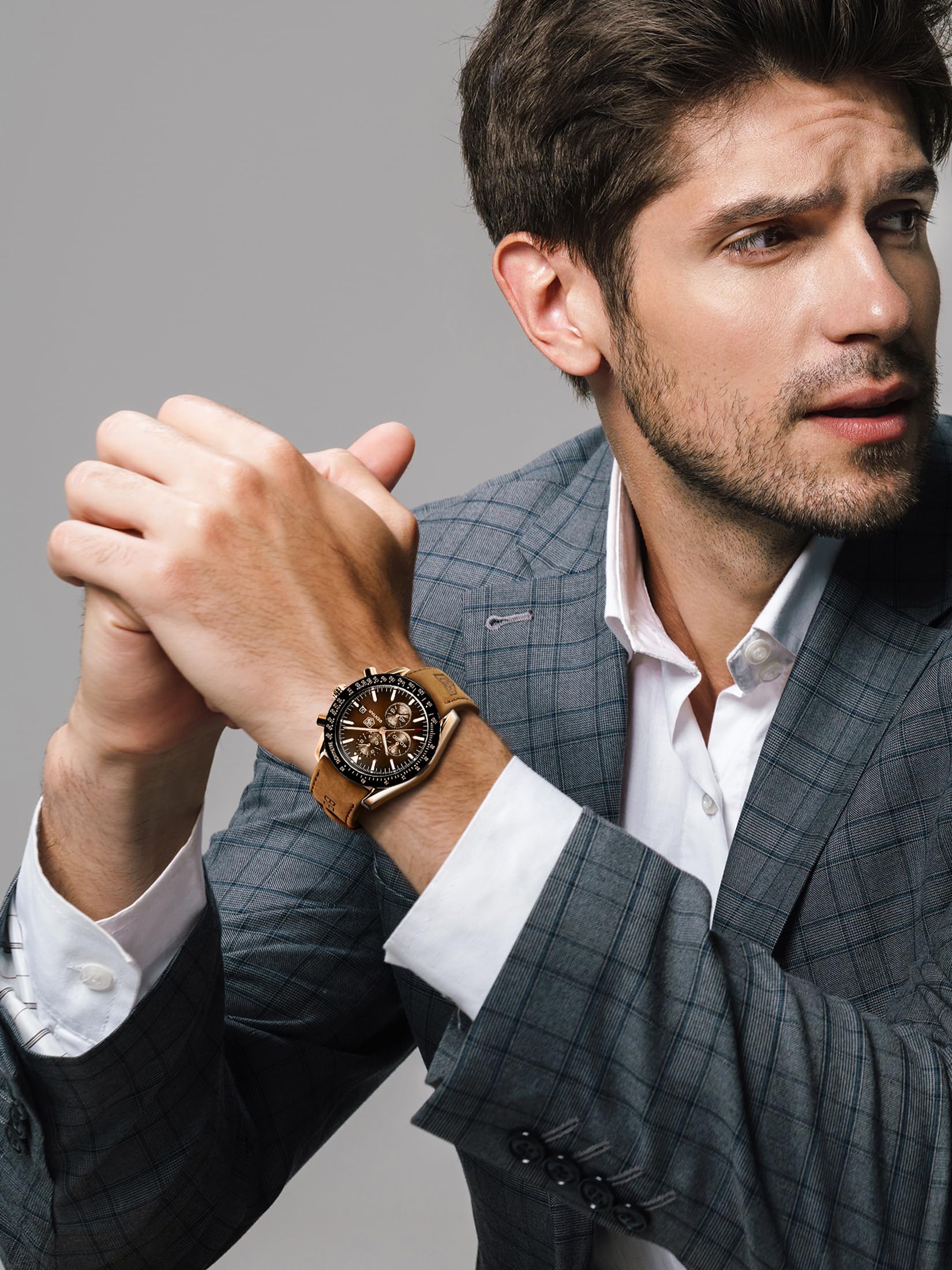 BENYAR Mens Watches Quartz Movement Chronograph Leather Strap Fashion Business Sport Design 30M Waterproof Scratch Resistant Elegant Gifts for Men