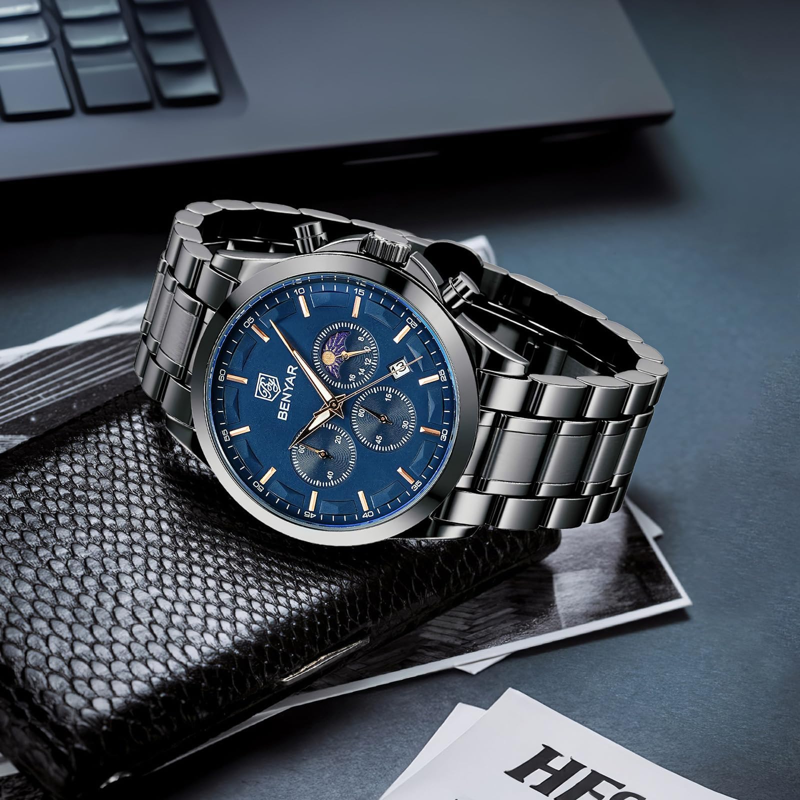 BY BENYAR Mens Watches Analog Quartz Chronograph Waterproof Wrist Watches for Men Fashion Business Work Casual Sport Designer Dress Watch with Calendar Elegant Gifts for Men