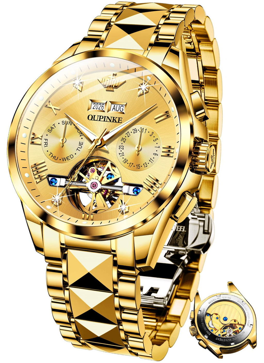 OUPINKE Mens Automatic Watch Diamond Skeleton Mechanical Self Winding Luxury Dress Wrist Watch Sapphire Crystal Tungsten