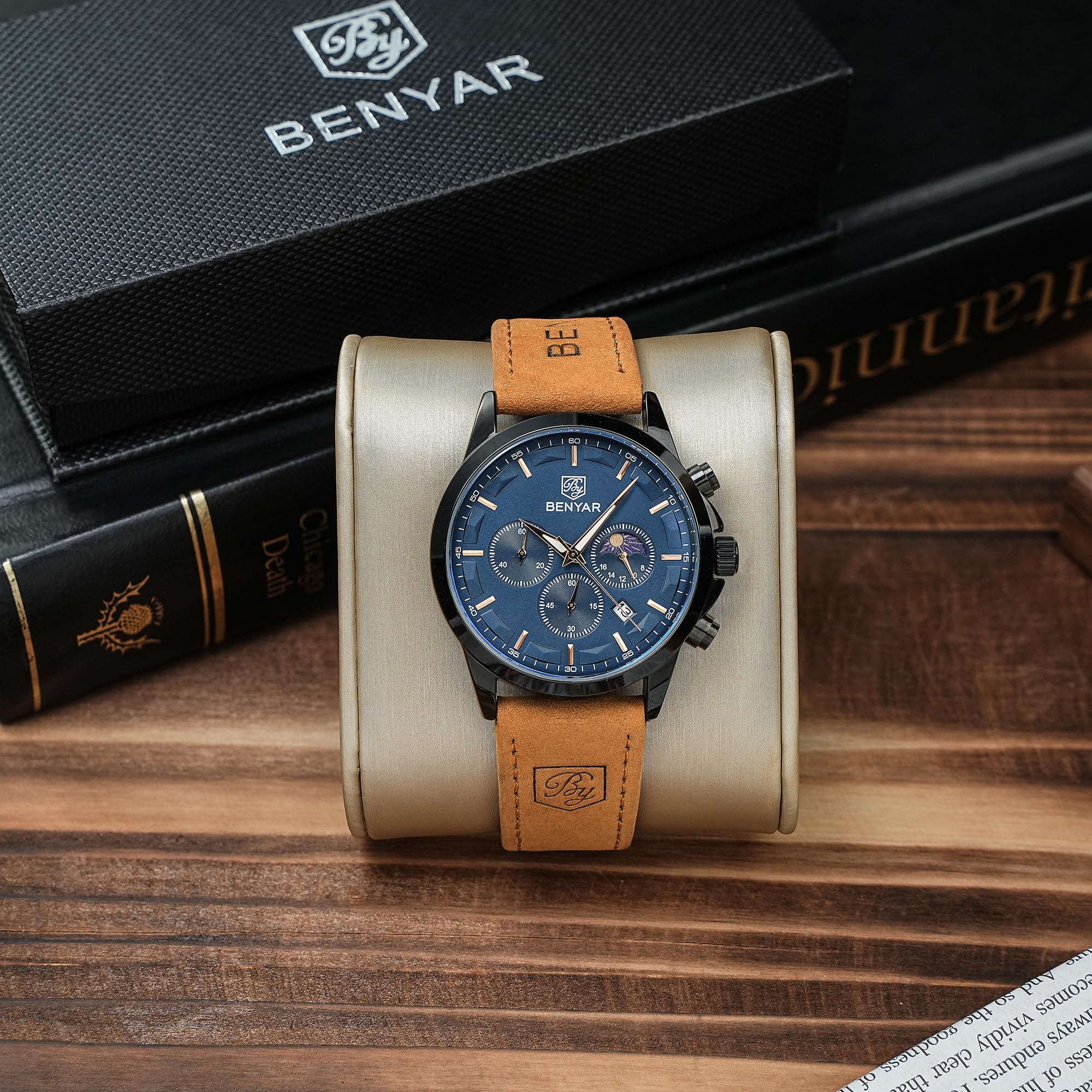 BY BENYAR Mens Watches Analog Quartz Chronograph Waterproof Wrist Watches for Men Fashion Business Work Casual Sport Designer Dress Watch with Calendar Elegant Gifts for Men