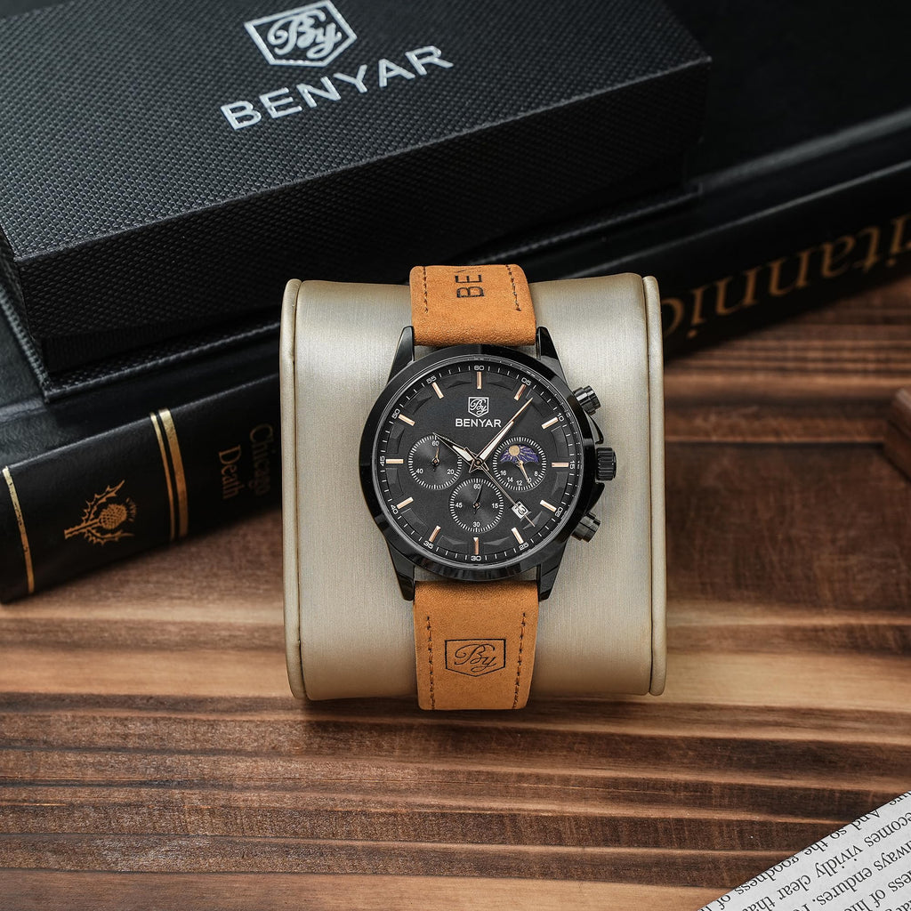BY BENYAR Mens Watches Analog Quartz Chronograph Waterproof Wrist Watches for Men Fashion Business Work Casual Sport Designer Dress Watch with Calendar Elegant Gifts for Men