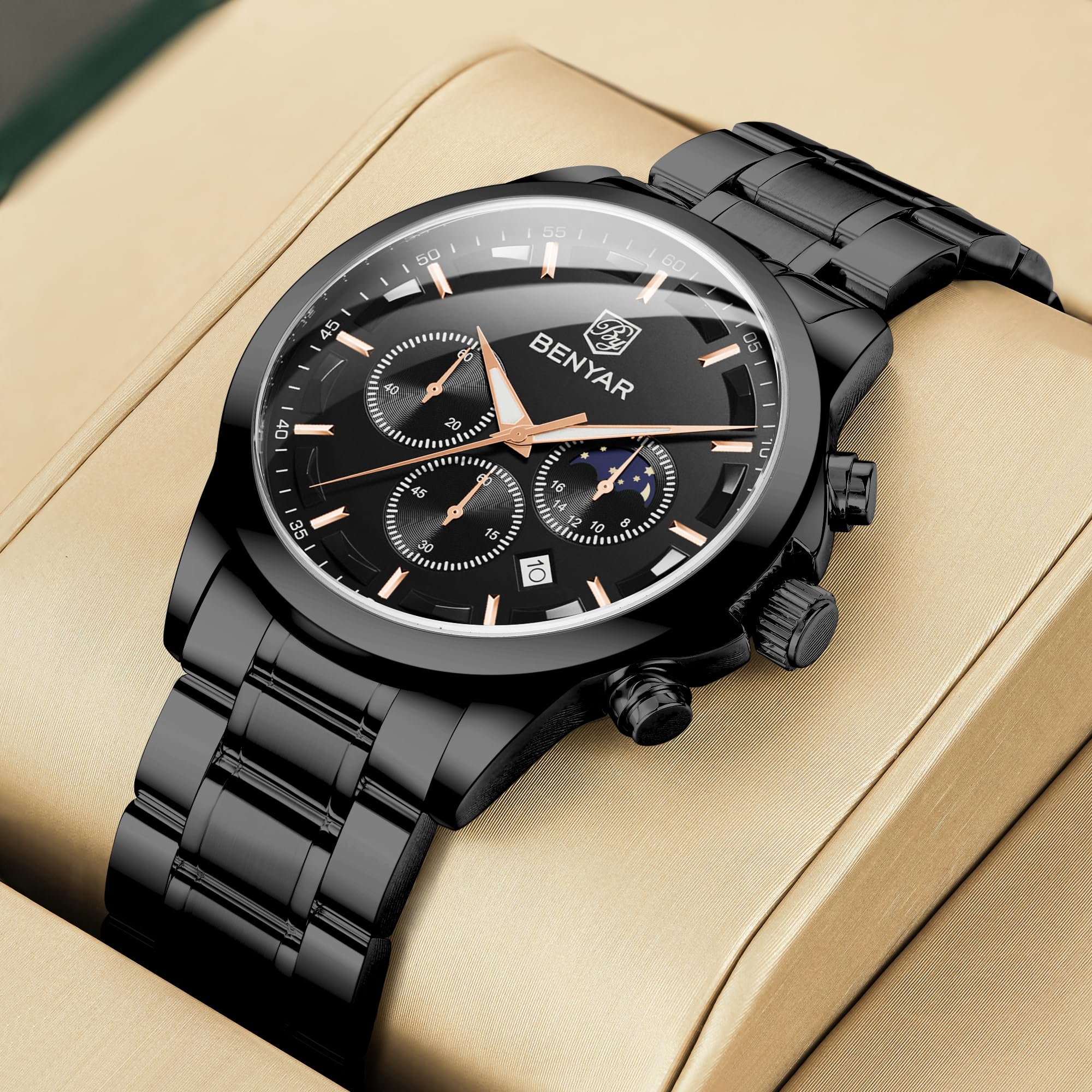 BY BENYAR Mens Watches Analog Quartz Chronograph Waterproof Wrist Watches for Men Fashion Business Work Casual Sport Designer Dress Watch with Calendar Elegant Gifts for Men