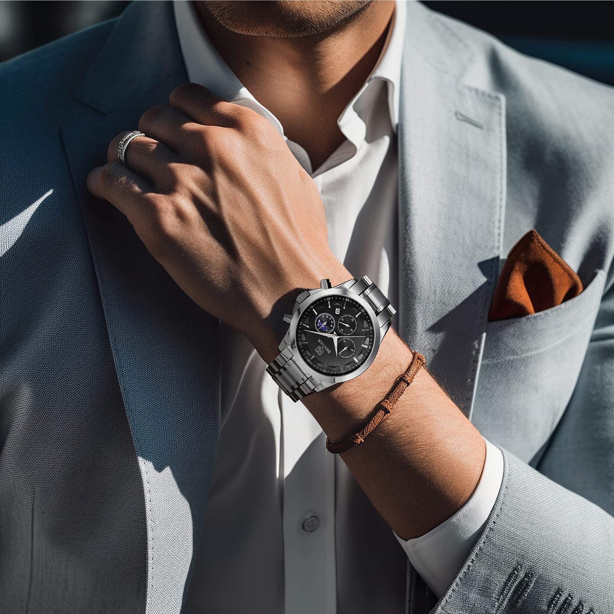 BY BENYAR Mens Watches Analog Quartz Chronograph Waterproof Wrist Watches for Men Fashion Business Work Casual Sport Designer Dress Watch with Calendar Elegant Gifts for Men