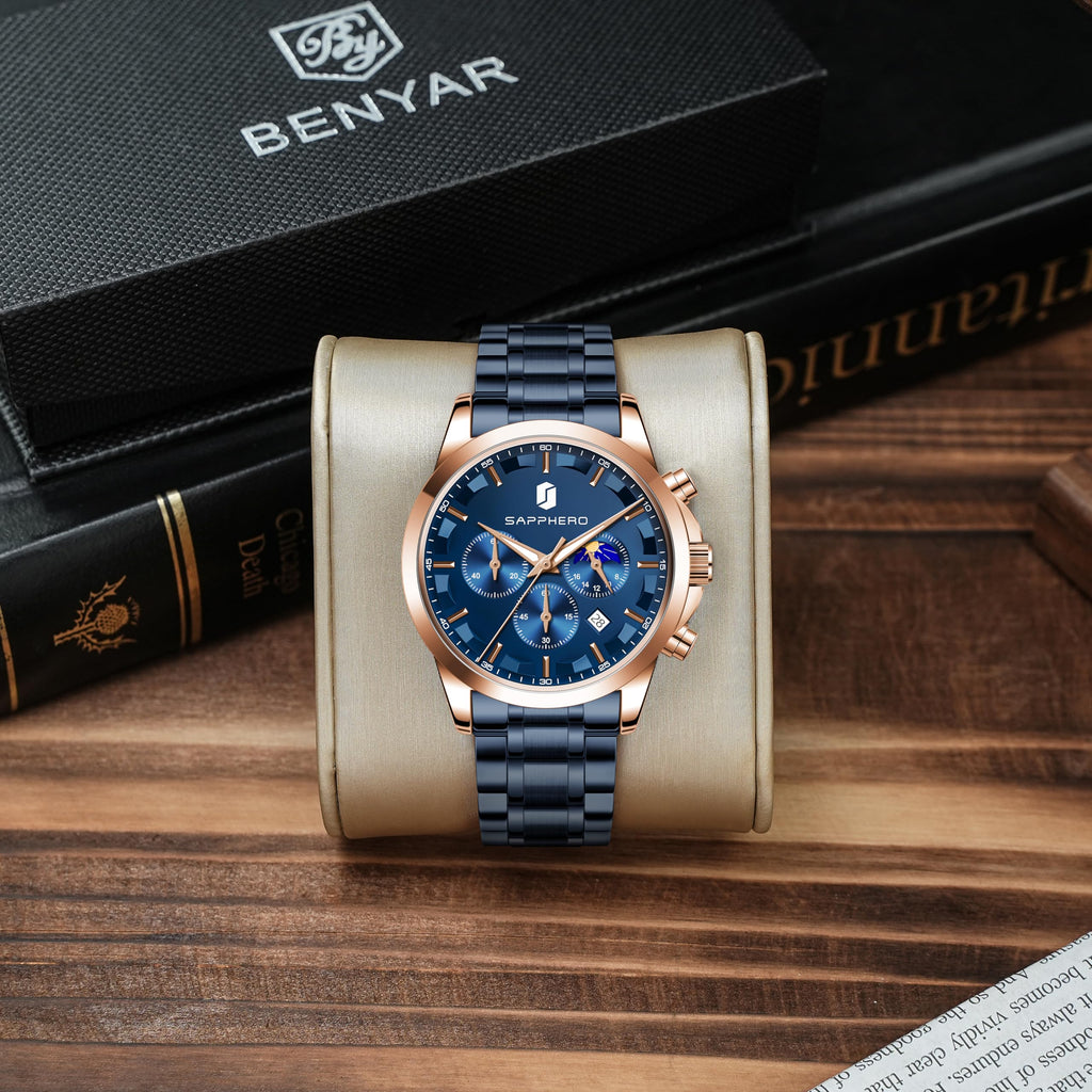 BY BENYAR Mens Watches Analog Quartz Chronograph Waterproof Wrist Watches for Men Fashion Business Work Casual Sport Designer Dress Watch with Calendar Elegant Gifts for Men