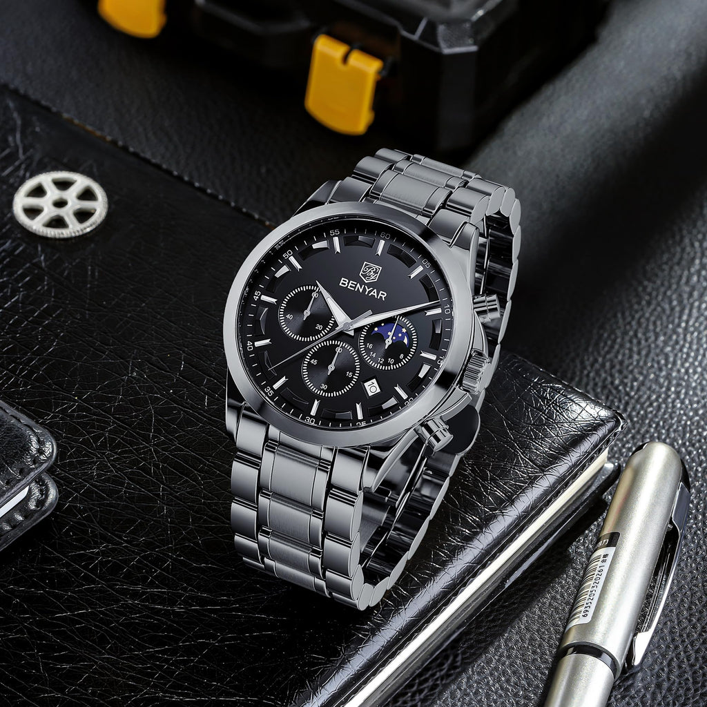 BY BENYAR Mens Watches Analog Quartz Chronograph Waterproof Wrist Watches for Men Fashion Business Work Casual Sport Designer Dress Watch with Calendar Elegant Gifts for Men