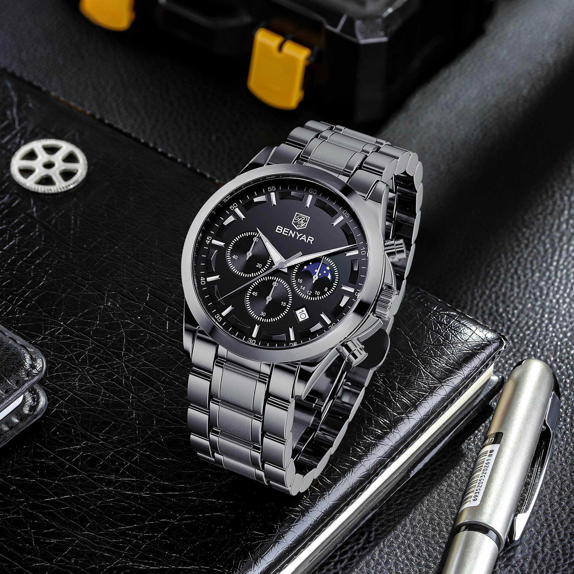 BY BENYAR Mens Watches Analog Quartz Chronograph Waterproof Wrist Watches for Men Fashion Business Work Casual Sport Designer Dress Watch with Calendar Elegant Gifts for Men